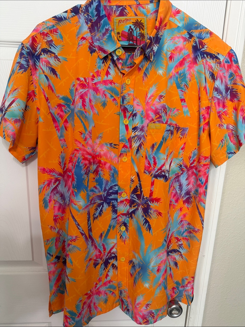 Retro Rifle Orange Palm Print Short Sleeve Button-Up Shirt